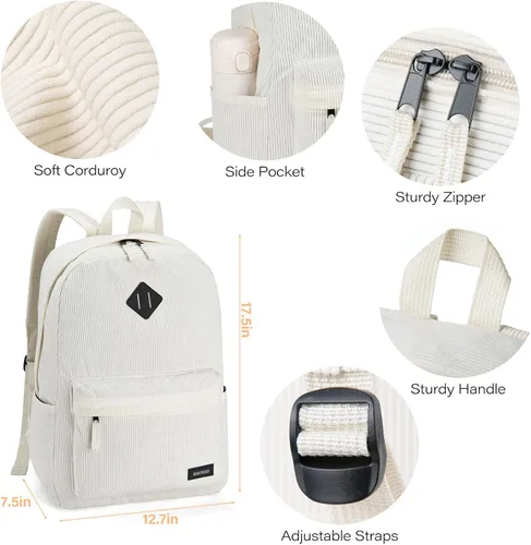 Vista 3 de BIKROD Mochila para niñas, mochila escolar beige para adolescentes y niños, mochila ligera de pana suave casual para mujeres, mochila grande