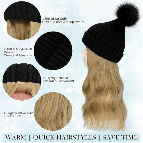 Vista 5 de Gorro de peluca con extensiones de cabello largo ondulado – Gorro de punto acanalado con pompón unido 14 pulgadas rizado sintético postizo