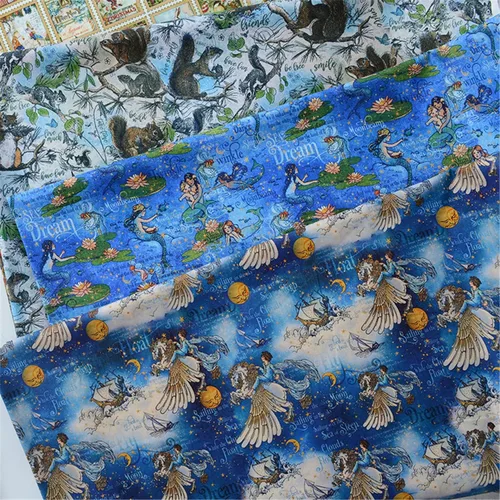 Vista 3 de BAWHO Mooie Pure Katoenen Stof Uniek Met Vleugels Fairy Fish Cartoon Boy Rijdt Op EEN Paard Dat Door De Wolken Patroondoek Loopt Voor Ambachten