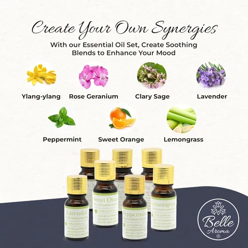 Vista 3 de Belle Aroma Juego de aceites esenciales orgánicos de aromaterapia para difusores, hogar y relajación – Ylang Ylang, lavanda, geranio rosa, salvia