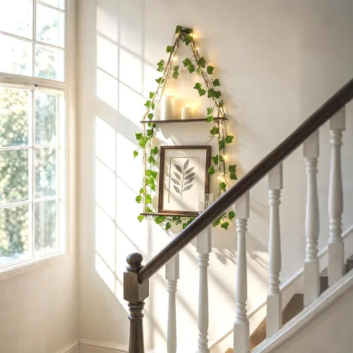 Vista 5 de Artilady Estante colgante de pared de macramé con luz de hiedra artificial para almacenamiento Estantes de madera ajustables de 2 niveles