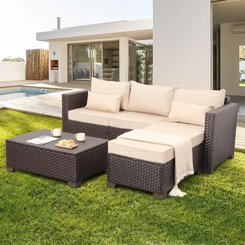 Vista 10 de Juego de muebles de patio de 3 piezas, juego de sofá modular para exteriores, muebles de mimbre para patio, sofá al aire libre, mesa auxiliar Azul