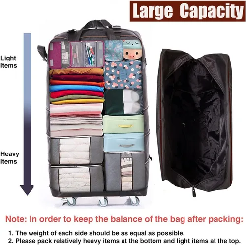 Vista 6 de ELDA Maleta plegable expandible con 6 ruedas silenciosas TPR bolsa de viaje plegable de gran capacidad para hombres y mujeres, Negro -, Ampliable