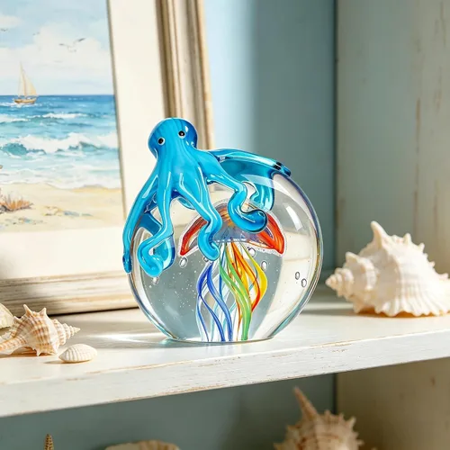 Vista 2 de QFkris Figuras coloridas de cristal de pulpo y medusas, coleccionables, hechas a mano, adorno de pisapapeles de vidrio de animales marinos