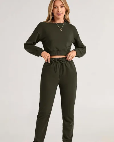 Vista 39 de BTFBM Conjunto deportivo de 2 piezas para mujer, camiseta corta de manga larga, sin botones, pantalón con cordón ajustable, pantalones deportivos