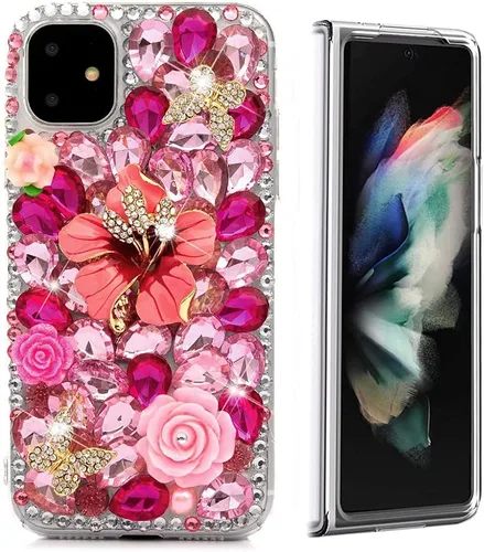 Vista 25 de Sparkle - Funda para teléfono compatible con Samsung Galaxy Z Fold 3 5G, elegante, hecha a mano en 3D, con diamantes de imitación, diseño