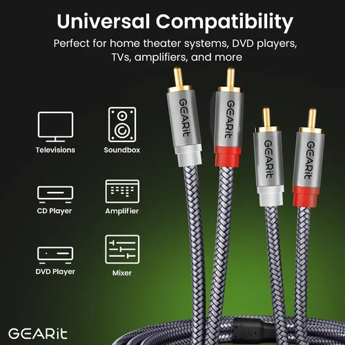 Vista 4 de GEARit Cable RCA (1 pie) 2RCA macho a 2RCA macho, cables de audio estéreo, cable RCA estéreo blindado trenzado para cine en casa, televisión de alta