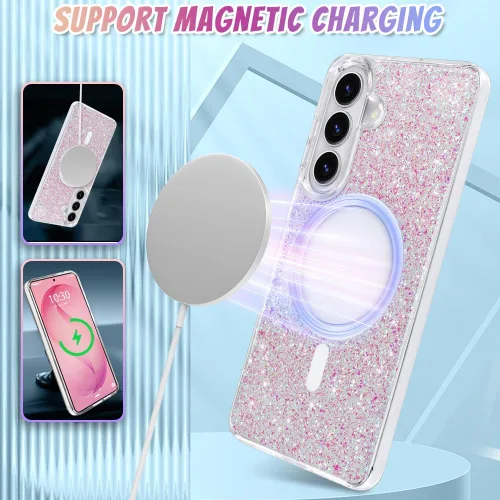 Vista 593 de Bonoma - Funda compatible con Samsung Galaxy S21 Plus, diseño de corazón con purpurina, color rosa Support for MagSafe, Plating Magnetic Case TPU
