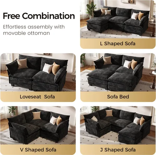 Vista 3 de KKL Sofá Cama Seccional Modular, Sofá Cama Convertible Seccional en Forma de L de 4 Plazas con Otomana, Sofá Nube de Chenilla Seccional para Sala