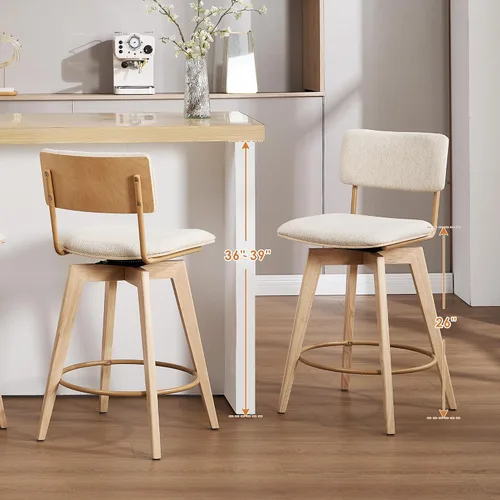 Vista 4 de ONEVOG Juego de 2 taburetes de bar giratorios de madera de 26 pulgadas de altura de mostrador, modernas sillas altas tapizadas para isla de cocina