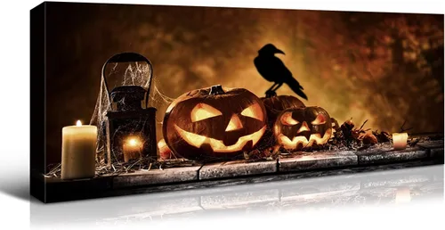 Vista 22 de Denozer - Decoración de pared de calabaza de Halloween, pósteres de regalo, decoración del hogar, arte de pared, imágenes en lienzo HD, estiradas