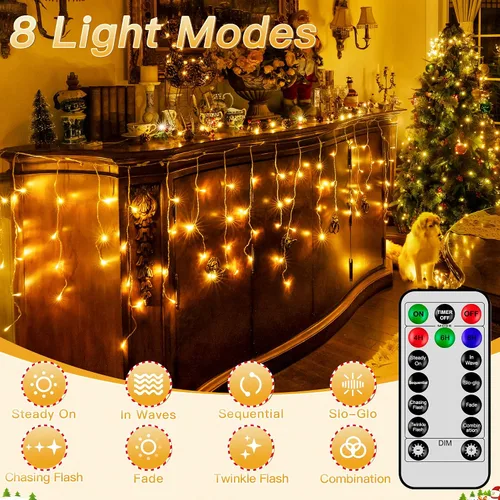 Vista 3 de Luces de carámbano para exteriores, 216 LED de 24 pies, luz de Navidad impermeable para exteriores con 8 modos y temporizador, luces de carámbano