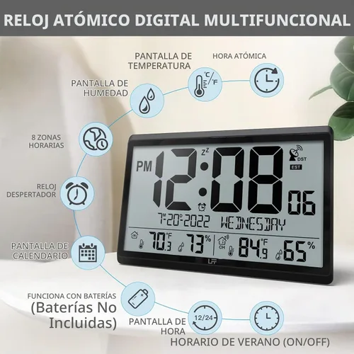 Vista 2 de Reloj de pared atómico LFF/Nunca necesita configuración, funciona con pilas, reloj de pared atómico con temperatura y humedad interior/exterior Negro