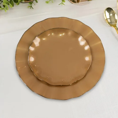 Vista 56 de Efavormart 10 Pack Platos redondos de plástico negro de 6" para postre y ensalada, platos desechables para aperitivos con borde ondulado dorado