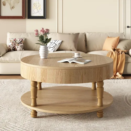 Vista 55 de Mesa de centro redonda de madera de 31.49 pulgadas con almacenamiento, mesa de centro circular acanalada de 2 niveles con tapa y estante para sala