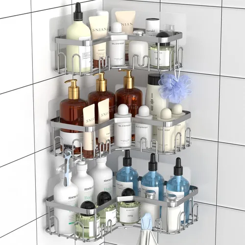 Vista 12 de Menbyci Organizador de ducha negro esquinero para baño, accesorios organizadores de baño a prueba de óxido, cesta de ducha adhesiva, estante