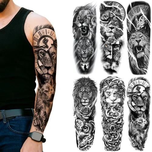 Vista 8 de Mangas temporales de tatuaje de bosque, brazo completo, lobo grande, león, animal, bosque, tribal, tatuajes falsos para hombres, mujeres y adultos