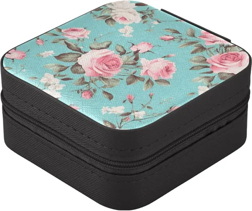 Vista 3 de GUIJI Blue Background Rose PU Leather Jewelry Organizer, Portable Small Jewelry Box Travel Jewelry Case Earrings Necklace Bracelet Rings for Women