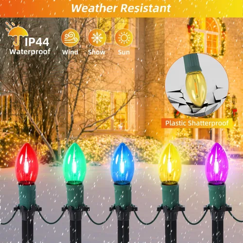 Vista 6 de USOKYO Luces LED C9 de 45 pies para caminos de Navidad al aire libre, 30 bombillas multicolor, impermeables, conectables, luces de Navidad