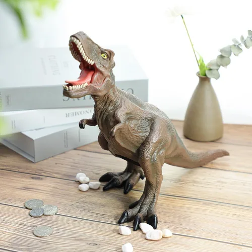 Vista 2 de Alcancía T-Rex de dinosaurio marrón resina, regalo de cumpleaños para niños.