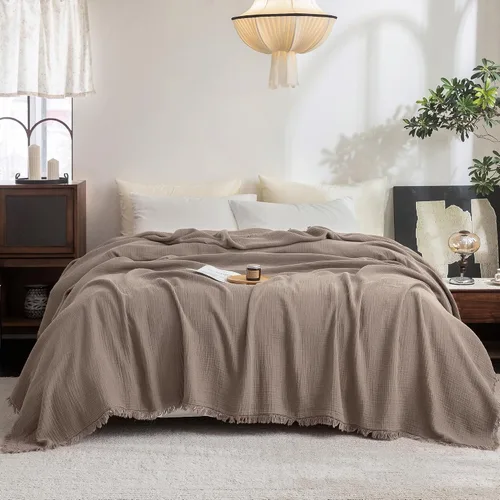 Vista 17 de FOSSA Manta de Muselina con Flecos - Gasa de Algodón 100% de 4 Capas Súper Suave y Transpirable - Manta Decorativa Ligera y Refrescante para Cama