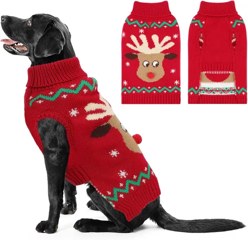Vista 12 de Suéter navideño de cuello alto para perro, suéter de invierno de renos y copos de nieve con agujero para la correa, suéter de punto para cachorros