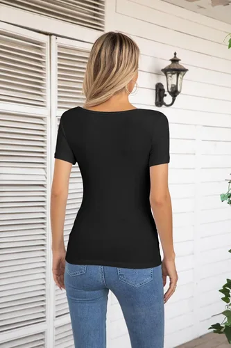 Vista 4 de VICHYIE Camisas de verano para mujer, cuello redondo, manga corta, acanaladas, ajustadas, casuales, básicas