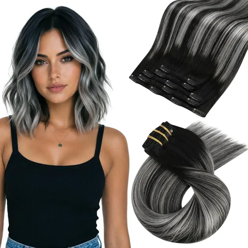 Vista 72 de Moresoo Extensiones de cabello humano con clip, balayage, color marrón oscuro a marrón dorado con clip, extensiones de cabello humano con clip, 5