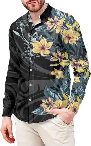 Vista 5 de Camisetas polinesias de manga larga para hombre para hombre, diseño floral de plantas tropicales, camisa con botones en la parte superior