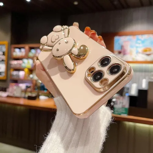 Vista 5 de Funda con soporte de conejo de corazón para Xiaomi Redmi A1, galvanizado suave TPU protector delgado a prueba de golpes con lindo conejito soporte