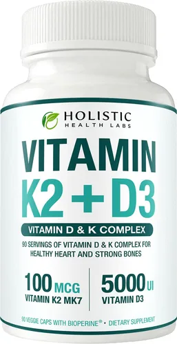 Vista 4 de Vitamina K2 + D3 de absorción máxima (5000UI), 90 cápsulas vegetales de MK-7 (Menaquinona-7) y colecalciferol (con BioPerina) Suministro de 3 meses
