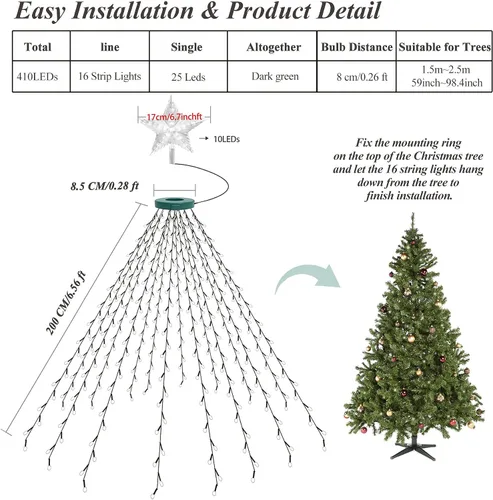 Vista 7 de Cadena de luces para árbol de Navidad, 410 luces LED de Navidad para árbol con 8 modos de luz y función de memoria, 6.6 pies x 16 luces de cadena