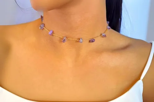 Vista 2 de Gargantilla con cuentas, hecha a mano, gargantilla de piedra de cristal curativo, collares de piedras preciosas bohemias, collares dorados de verano