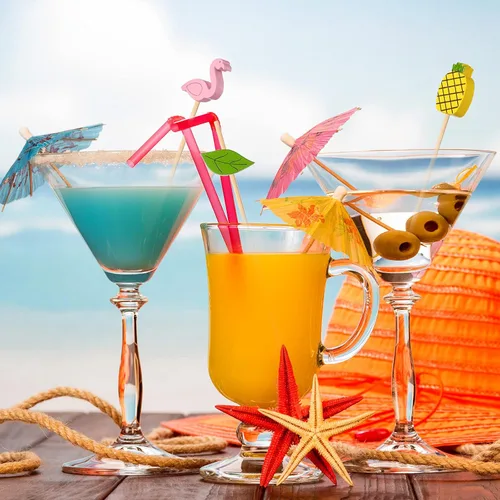 Vista 4 de 160 piezas de accesorios de decoración de bebidas de cóctel, 60 sombrillas de cóctel, 100 selecciones de frutas, palma de coco de verano, palillos
