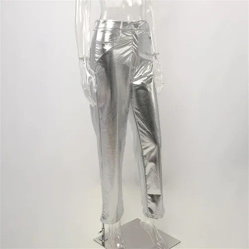 Vista 4 de uhnmki Pantalones plateados metálicos de pierna recta pantalones para mujer cintura alta brillante cintura elástica ropa de calle ropa de club