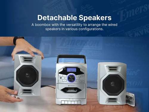Vista 9 de Emerson Reproductor de CD portátil Boombox con reproductor de cassette, grabadora de cinta, radio AM/FM, entrada AUX, altavoces desmontables