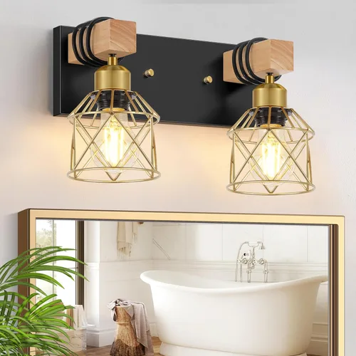 Vista 9 de FadimiKoo Juego de 2 apliques de pared, lámparas de pared de madera de cabecera con interruptor giratorio, lámpara de tocador de baño negra