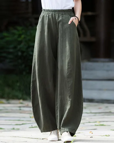 Vista 2 de Pantalones de lino y algodón holgados para mujer, con cintura elástica para relajarse. Pantalones estilo harén Verde militar