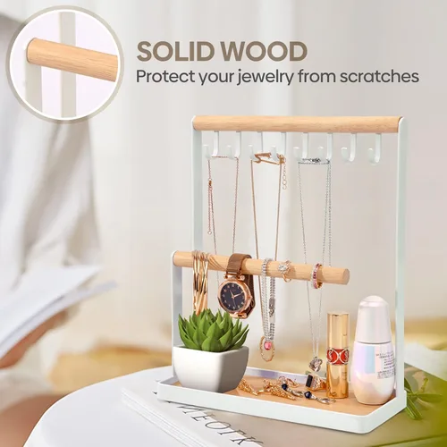 Vista 5 de Portin Organizador de joyas con bandeja de anillos de madera y ganchos almacenamiento de collares pulseras anillos relojes organizador de escritorio