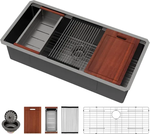 Vista 41 de Sarlai Fregadero de cocina empotrado de 30 pulgadas dorado - Fregadero de cocina de 76,2 cm x 45,7 cm con repisa para estación de trabajo de acero