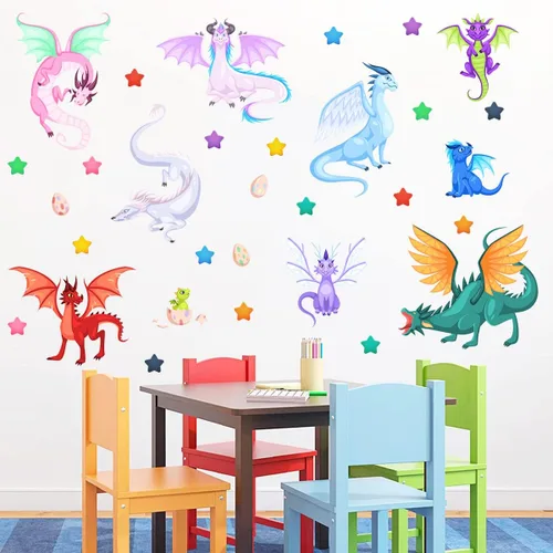 Vista 4 de Calcomanías creativas de pared de dragón de hadas, dibujos animados, alas grandes, dragones, huevos, estrellas, calcomanías de pared fáciles