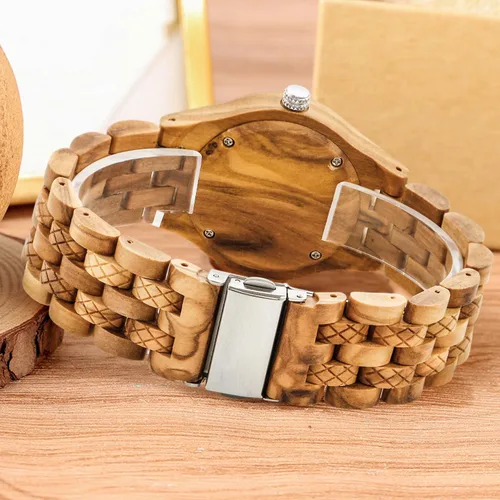 Vista 4 de Reloj ligero de cuarzo de madera para mujer, reloj analógico de cuarzo, correa de madera con cierre plegable, relojes de madera para mujer