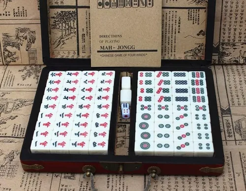 Vista 2 de Mini juego de viaje chino Mahjong Mahjong juego de viaje chino Mahjong juego de 144 azulejos Mahjong juegos con 2 dados de transporte estuche