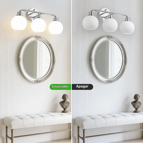 Vista 4 de Lámpara de tocador cromada para baño, 3 luces plateadas Cromado