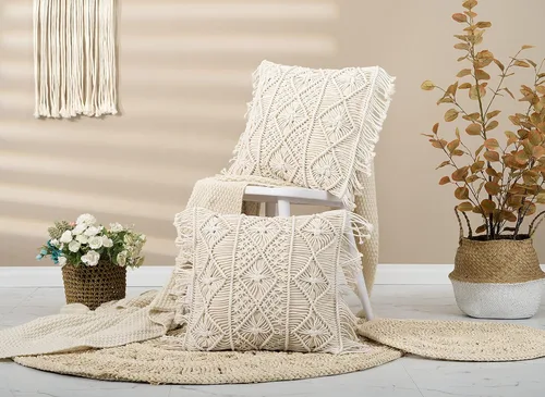 Vista 5 de Juego de 2 fundas de almohada de macramé, 100% algodón, decorativas, con flecos, decoración bohemia para el hogar