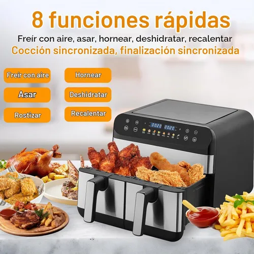 Vista 2 de Freidora de aire doble, 9.5 cuartos de galón con 2 cestas independientes, freidora de aire de doble zona, horno freidora de aire saludable sin