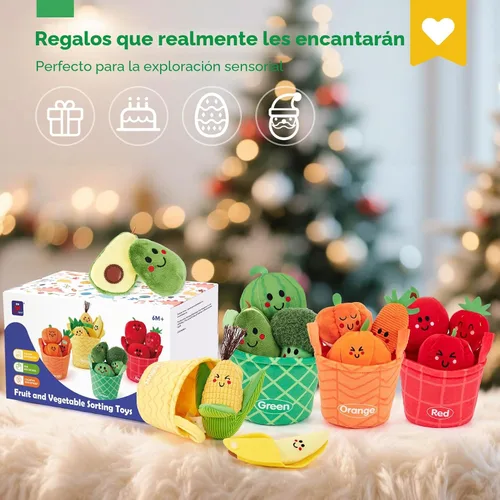 Vista 9 de Hahaland Juguetes sensoriales para bebés - 16 piezas Mi primera fruta Verdura Clasificación de color de alimentos de juego crujiente, sonajero