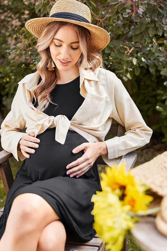 Vista 2 de Ekouaer 3 en 1 camisón de lactancia de maternidad vestido de hospitalparto vestido de hospital de manga acampanada plisado vestido de lactancia