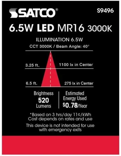 Vista 4 de Satco Lighting - Bombillas LED MR16 de bajo voltaje regulables de 6,5 W, blanco suave de 3000 K, ángulo de haz de 40 grados, base GU5.3, 12 voltios