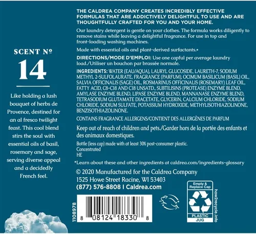 Vista 2 de Caldrea Detergente líquido para ropa, eficaz para todas las telas y todas las temperaturas, aroma a salvia azul albahaca, 64 onzas